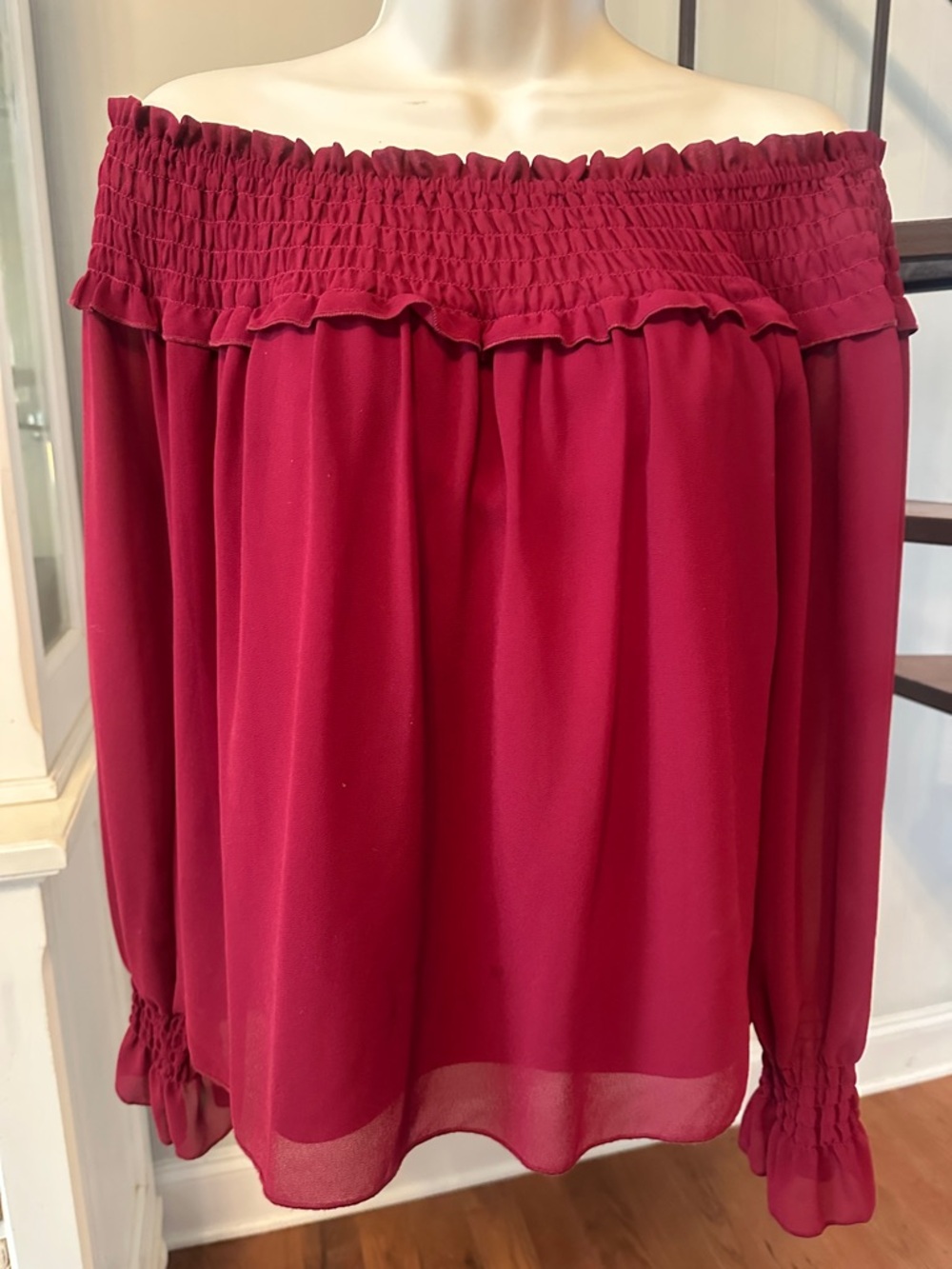 NSR  top in Raspberry. Can be worn off the shoulder.
